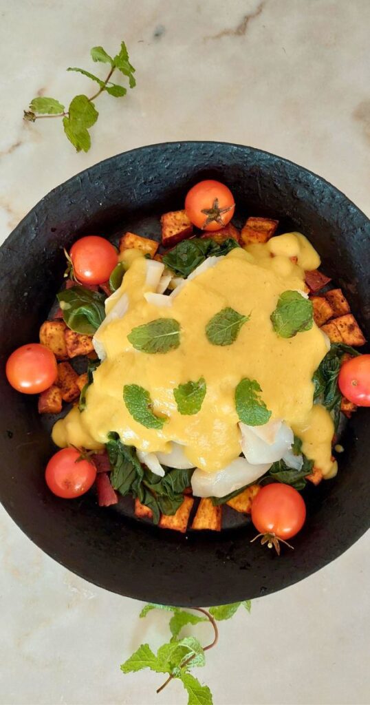 Almoço saudável Bacalhau com Batata-Doce e Molho Cremoso receita para almoço