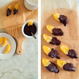 Decoração de bolo de aniversário, gomos de laranja com chocolate