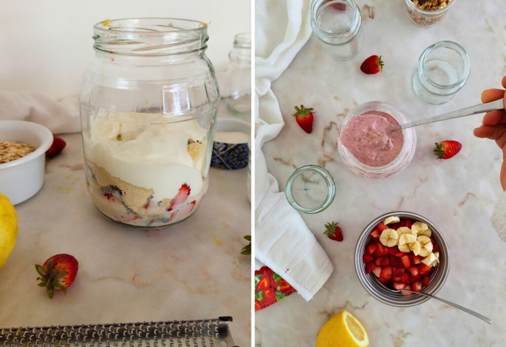 como-fazer-Overnight-oats-proteicas-e-saudaveis-Morango-Banana-e-coco