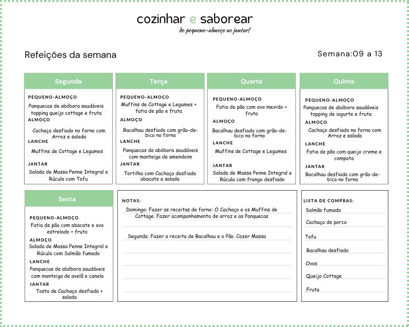 Ementa semanal Receitas fáceis e saudáveis