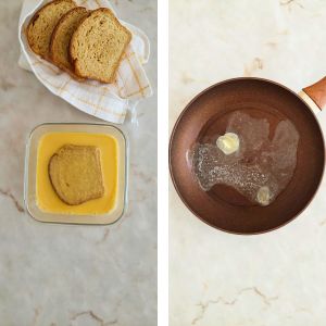 demolhar o pão e aquecer a frigideira