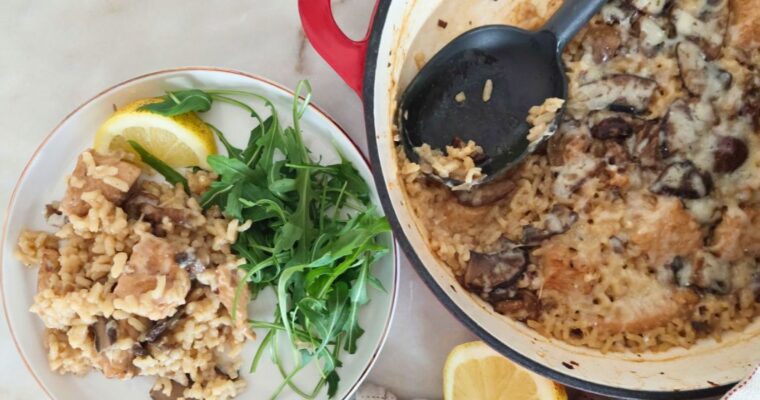 Risotto com cogumelos e peru no forno