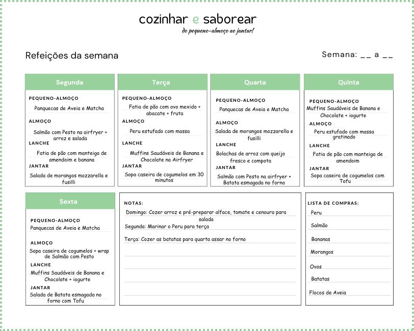 Planear ementa semanal com receitas rápidas Sem Fazer Meal Prep