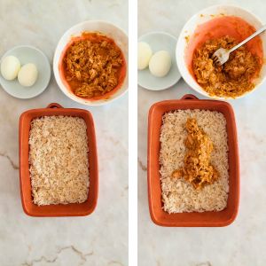 colocar o arroz no fundo do tabuleiro