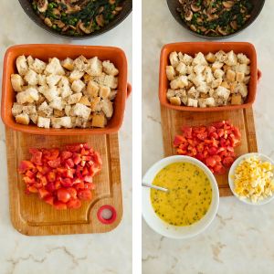 cortar o pão e os tomates em cubos