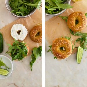 juntar a rucula ao salmão e colocar a outra metado do bagel por cima