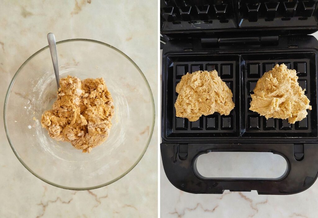 Massa de waffles de abóbora e Máquina de waffles aberta e untada com óleo de coco antes de colocar a massa